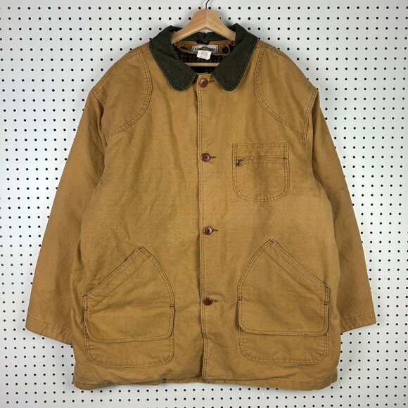 LL Bean Chore Jacket Men's XXL Brown Tan Corduroy Collar Wool Plaid Lined 90s - Picture 1 of 10